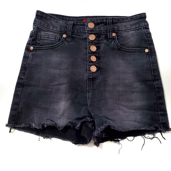 Guess | High Waist Distressed Button Up Shorts with Rhinestone Logo on Back - Picture 2 of 9